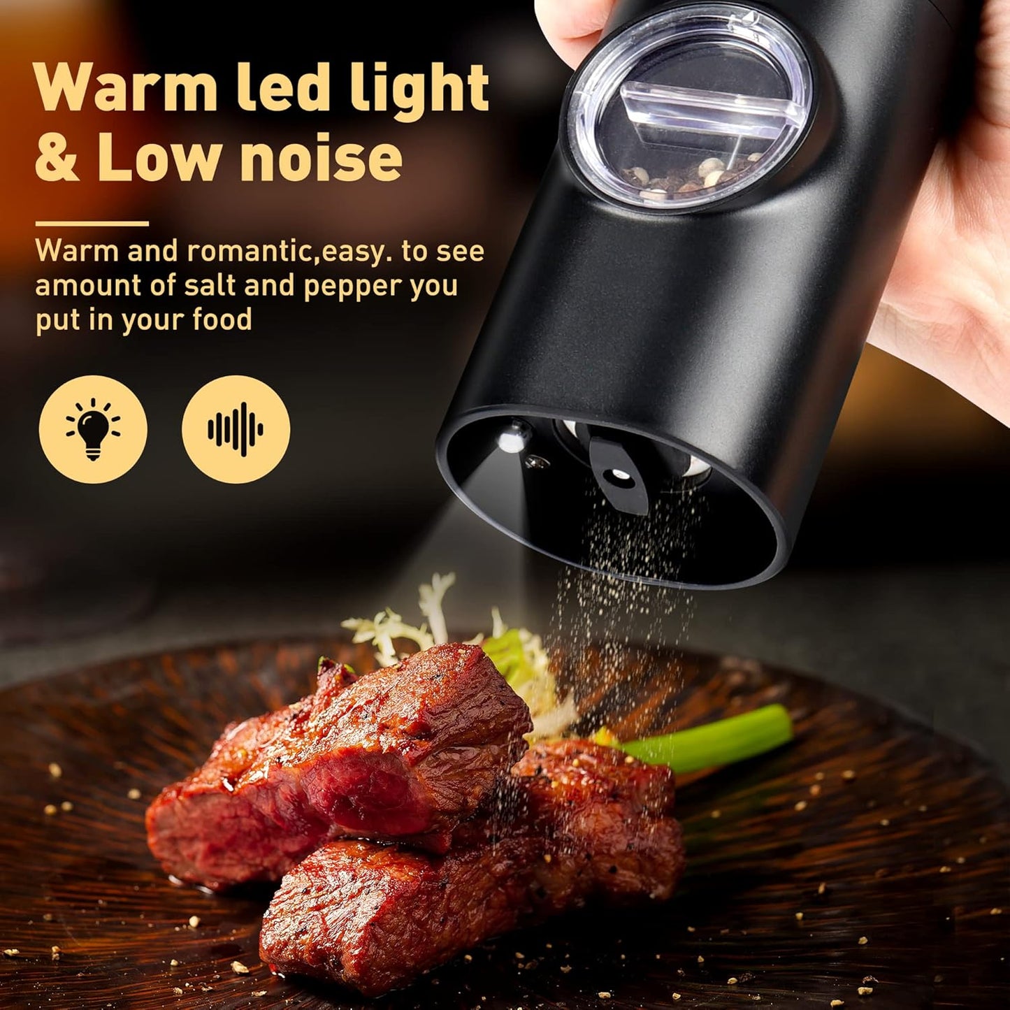 Electric Pepper Grinder or Salt Mill, Battery Powered Automatic Pepper Mill, Ceramic Grinder with Adjustable Coarseness, LED Light, One Hand Operation (1 pack)
