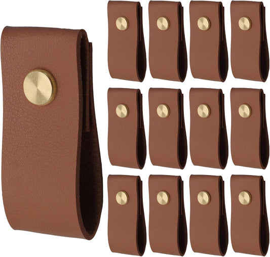 Biaungdo 12 Pack Leather Drawer Pulls, Brown Single Hole Leather Dresser Knobs Leather Pulls Cabinet Door Handle for Kitchen, Cabinet, Drawers, Closet, Dresser, Cupboard
