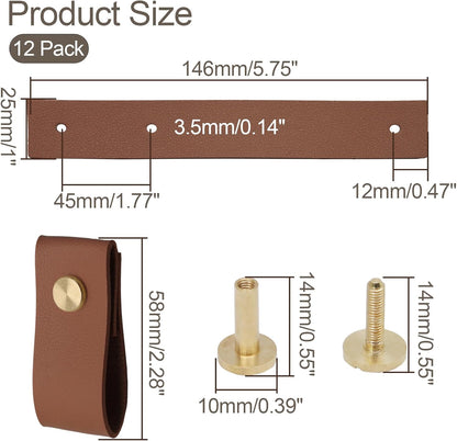 Biaungdo 12 Pack Leather Drawer Pulls, Brown Single Hole Leather Dresser Knobs Leather Pulls Cabinet Door Handle for Kitchen, Cabinet, Drawers, Closet, Dresser, Cupboard