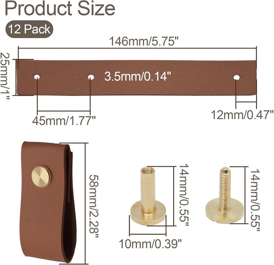 Biaungdo 12 Pack Leather Drawer Pulls, Brown Single Hole Leather Dresser Knobs Leather Pulls Cabinet Door Handle for Kitchen, Cabinet, Drawers, Closet, Dresser, Cupboard