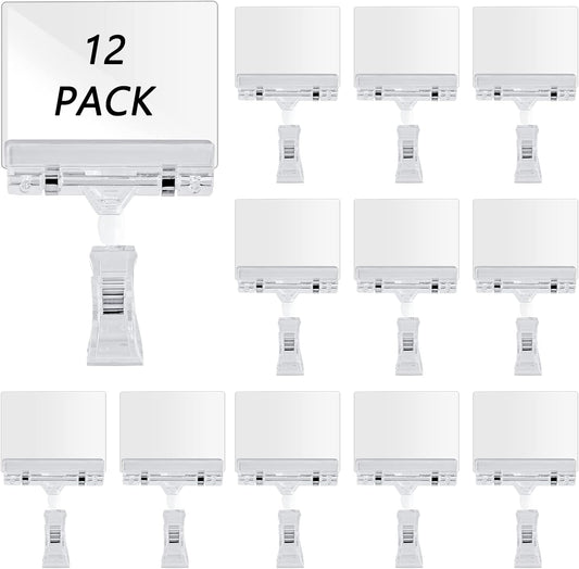 Biaungdo 12 Pcs Rotating Clip Swivel Sign Holder, Clear Rotatable Sign Holder with Double Clip Design, PVC Card Protector for Shelves, Store, Business, Exhibition