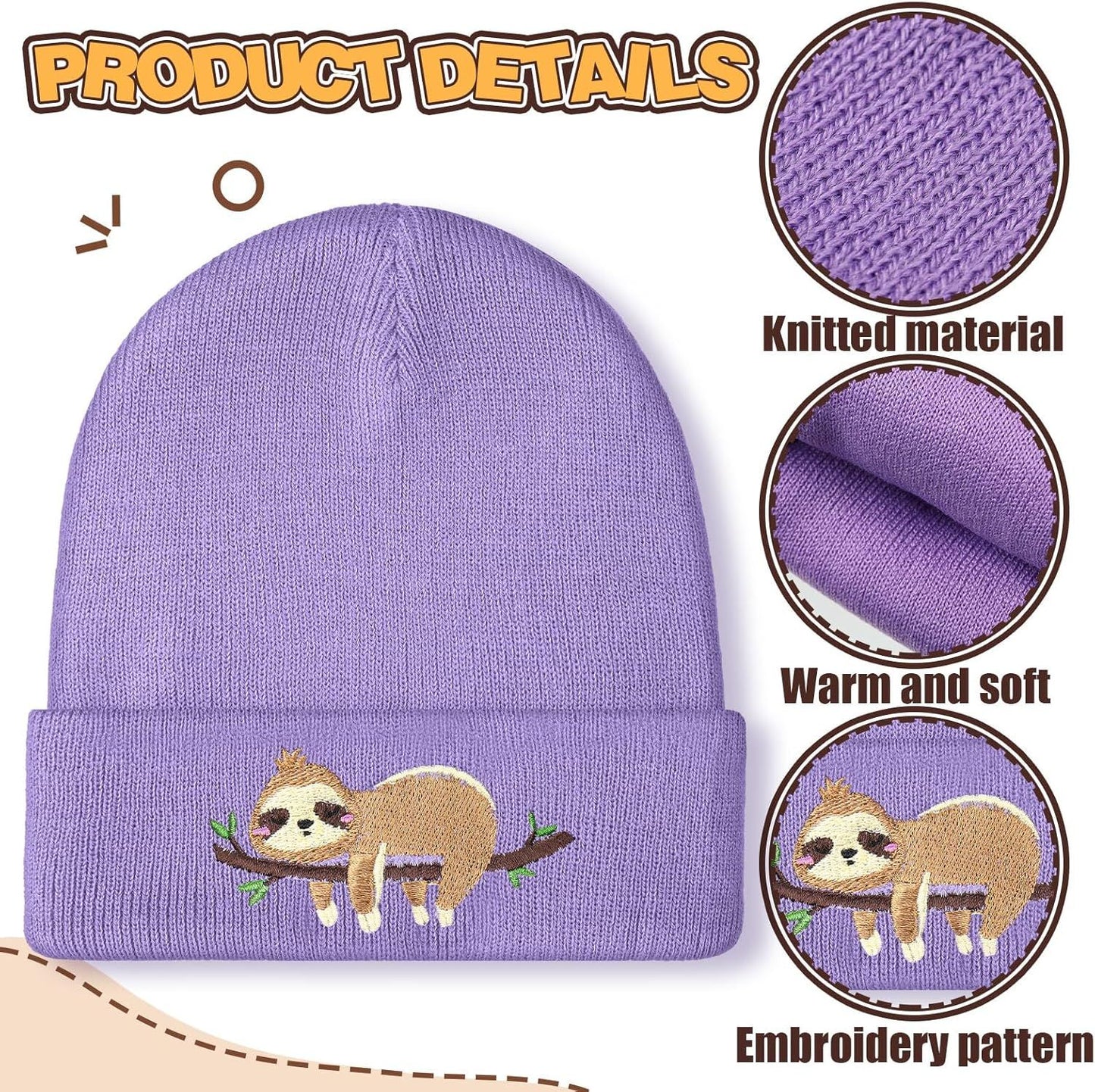 Sloth Beanie Winter Purple Hat or Women Cute Sloth Knitted Cap Winter Crochet Hat Gits or Women Animal Lovers