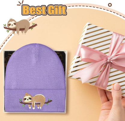 Sloth Beanie Winter Purple Hat or Women Cute Sloth Knitted Cap Winter Crochet Hat Gits or Women Animal Lovers