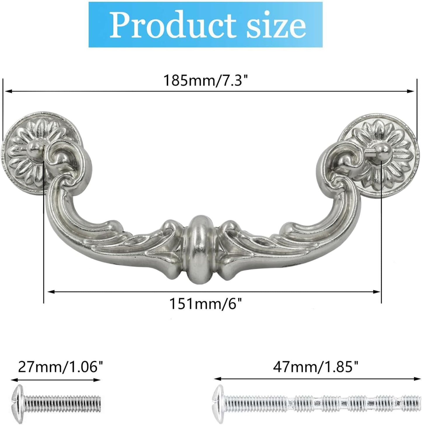 Biaungdo 4 Pcs 150 mm / 6 Inch Hole Center Pull Handles, Zinc Alloy Rustic Vintage Style Drop-Down Bail Swing Dresser Pull Handle Antique Drawer Handles for Kitchen, Cabinet (Silver)