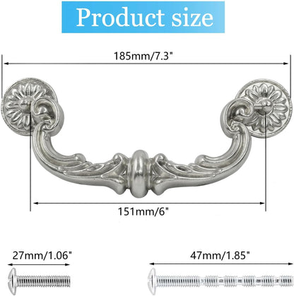 Biaungdo 4 Pcs 150 mm / 6 Inch Hole Center Pull Handles, Zinc Alloy Rustic Vintage Style Drop-Down Bail Swing Dresser Pull Handle Antique Drawer Handles for Kitchen, Cabinet (Silver)