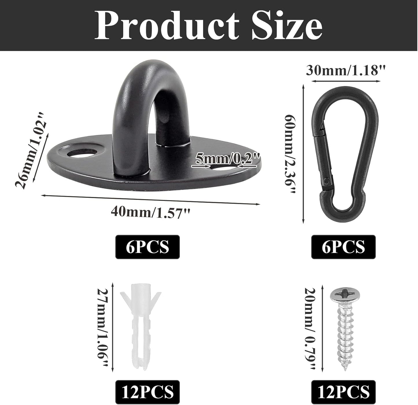 Biaungdo 6 Pcs Stainless Steel Ceiling Hooks, Black 1.54" x 1.06" Pad Eyes Plate Marine Hardware Ceiling Hooks with Screws & Expansion Tube