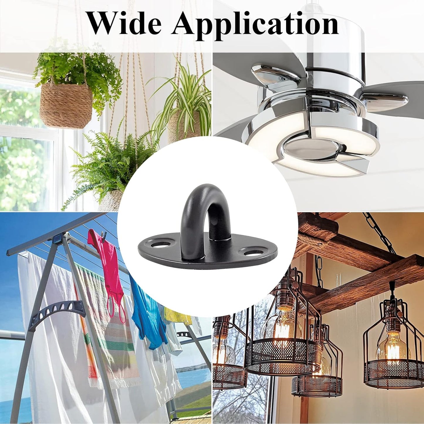Biaungdo 6 Pcs Stainless Steel Ceiling Hooks, Black 1.54" x 1.06" Pad Eyes Plate Marine Hardware Ceiling Hooks with Screws & Expansion Tube