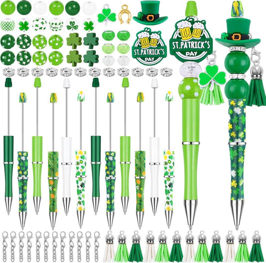 12 Set St Patricks Day Beadable Pens Plastic Bead Pens Clover Green Bulk Ballpoint DIY Crafting Pens Making Kit with Pendants Lobster Clasps for Students Teens School Office Supplies
