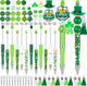 12 Set St Patricks Day Beadable Pens Plastic Bead Pens Clover Green Bulk Ballpoint DIY Crafting Pens Making Kit with Pendants Lobster Clasps for Students Teens School Office Supplies