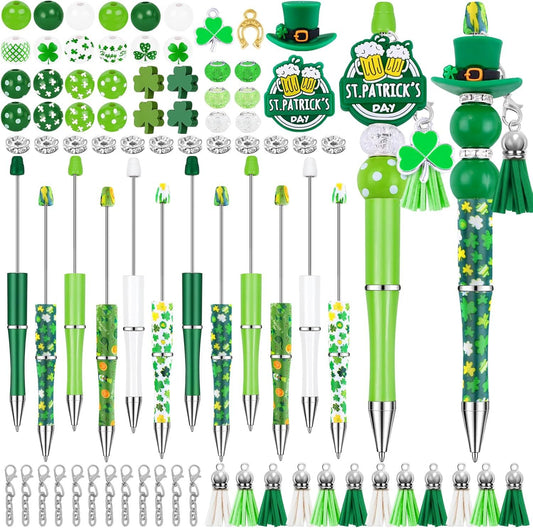 12 Set St Patricks Day Beadable Pens Plastic Bead Pens Clover Green Bulk Ballpoint DIY Crafting Pens Making Kit with Pendants Lobster Clasps for Students Teens School Office Supplies