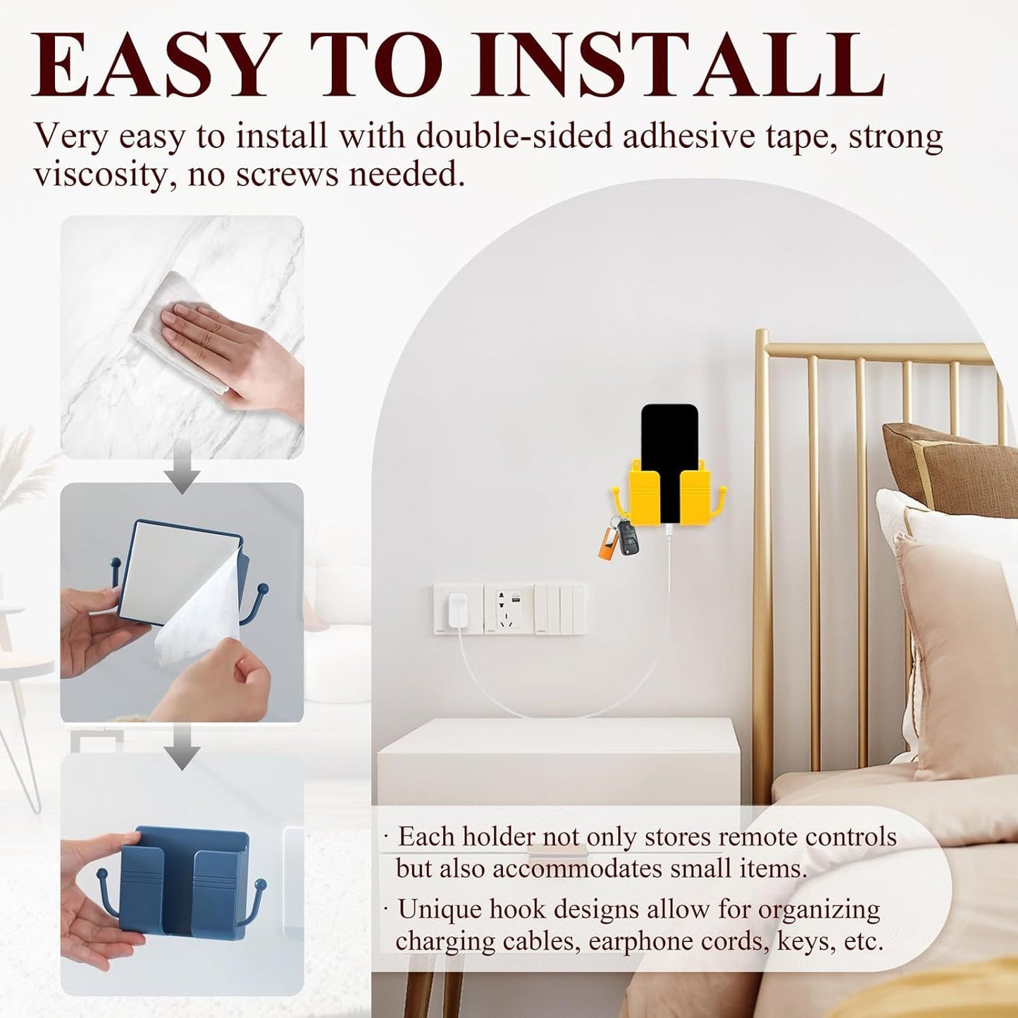 4Pcs Wall Mount Phone Holder Adhesive Wall Phone Mount Charging Stand and Remote Control Stand Multipurpose Socket Pocket Universal Deck Storage Box for Bedroom, Kitchen, Bathroom, Office