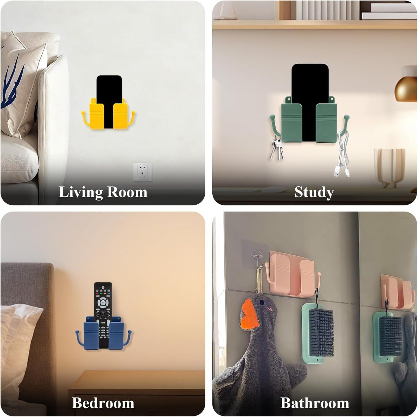 4Pcs Wall Mount Phone Holder Adhesive Wall Phone Mount Charging Stand and Remote Control Stand Multipurpose Socket Pocket Universal Deck Storage Box for Bedroom, Kitchen, Bathroom, Office