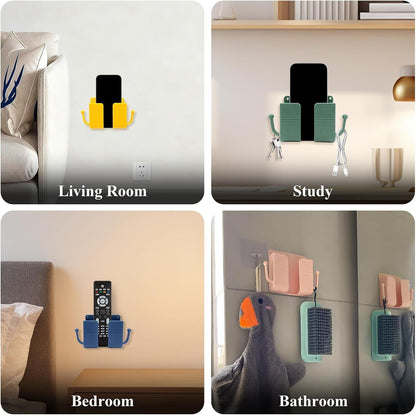 4Pcs Wall Mount Phone Holder Adhesive Wall Phone Mount Charging Stand and Remote Control Stand Multipurpose Socket Pocket Universal Deck Storage Box for Bedroom, Kitchen, Bathroom, Office