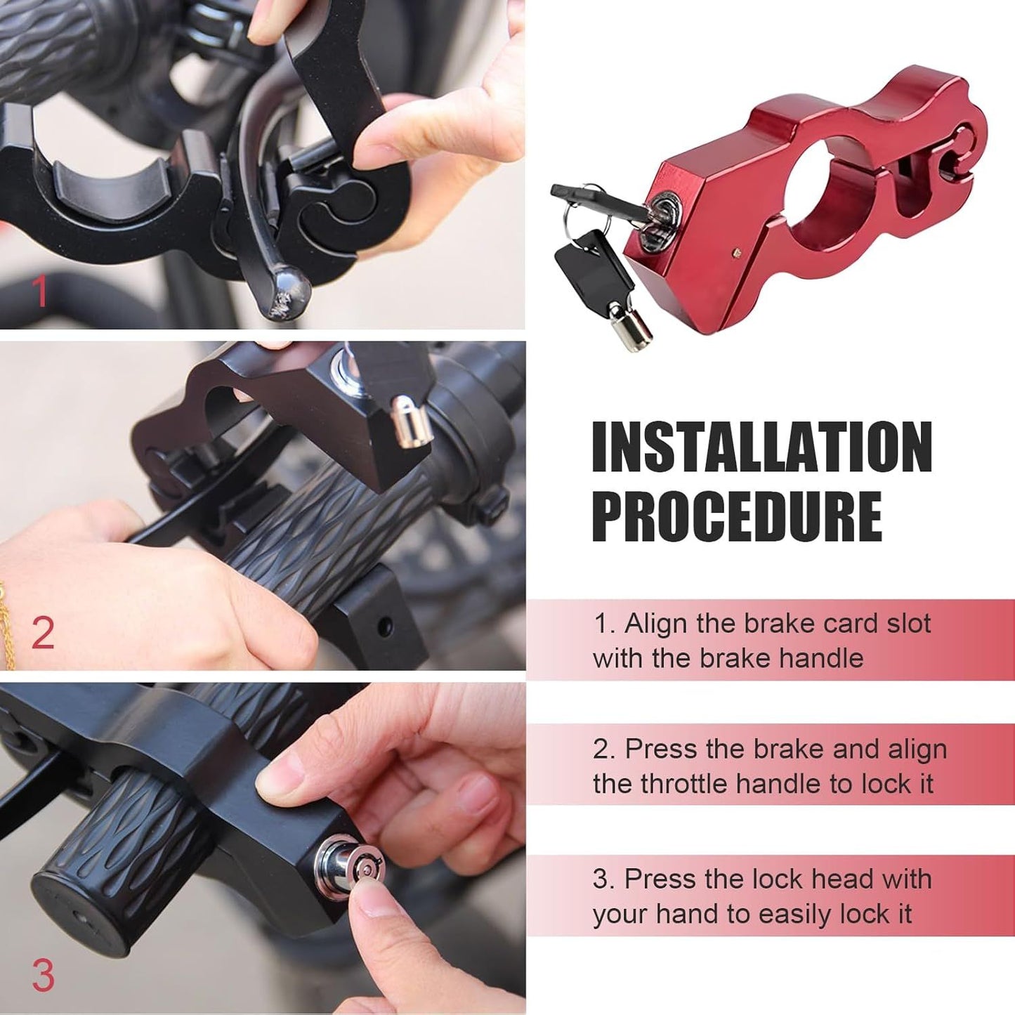 Motorcycle Handlebar Lock, Anti-Theft Anti-Picking Device for Brake Handlebar, Portable Adjustable Throttle Lock, Heavy Duty Anti-Rust Fixing Accessory for Bicycle Motorcycle Tricycle (Red)