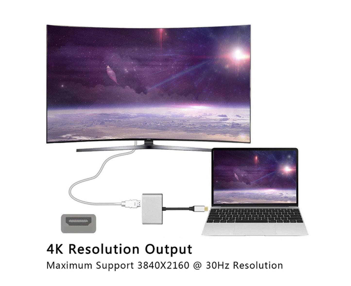 2 in 1 4K Ultra High Clarity USB 3.1 Type-C to HDMI-compatible VGA Converter Adapter for MacBook PC Silver