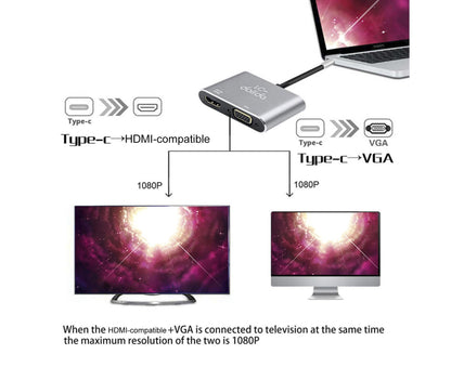 2 in 1 4K Ultra High Clarity USB 3.1 Type-C to HDMI-compatible VGA Converter Adapter for MacBook PC Silver