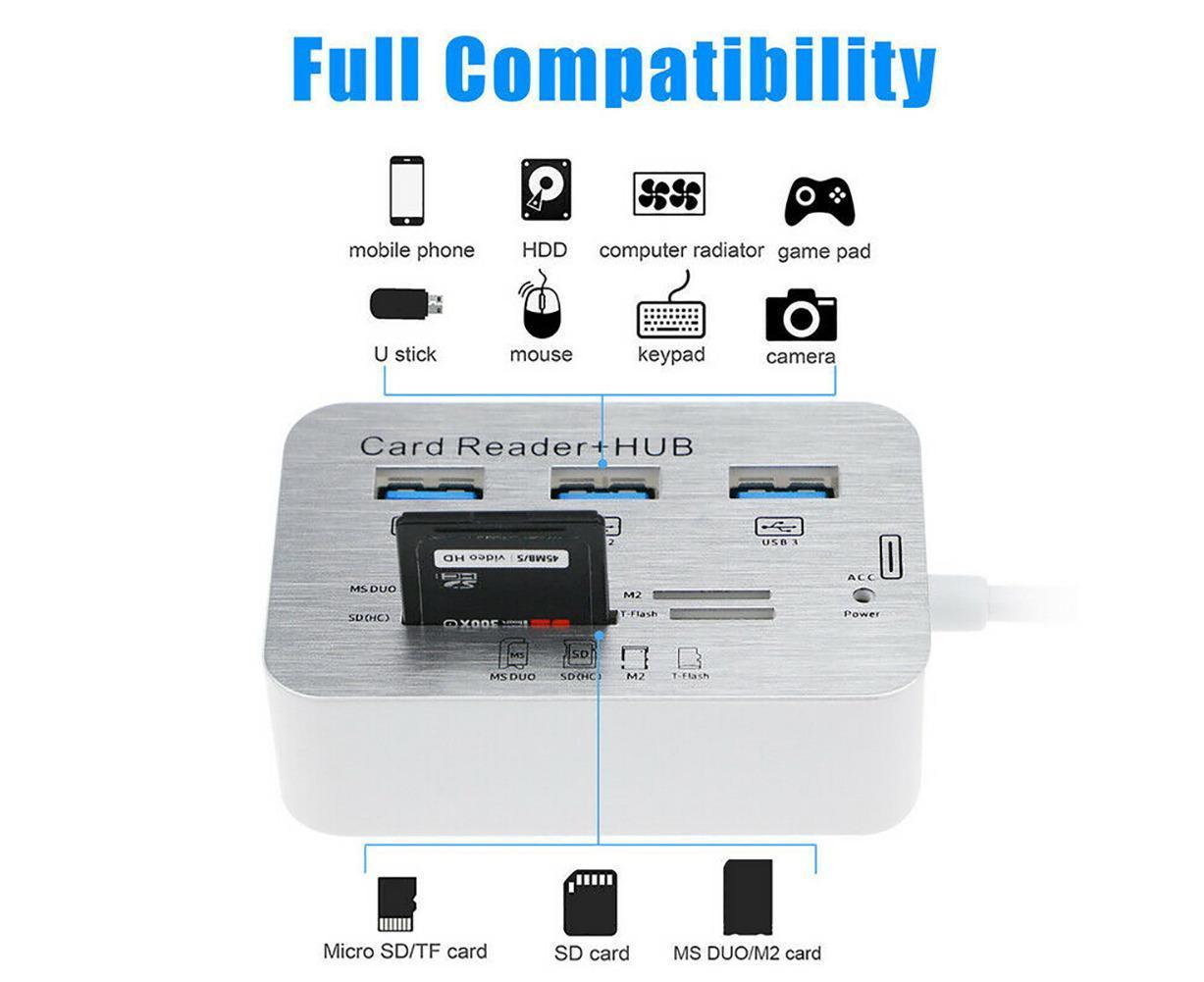 Multi-in-1 3 Ports USB 3.0 High Speed Hub Adapter with MS SD M2 TF Card Reader