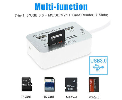 Multi-in-1 3 Ports USB 3.0 High Speed Hub Adapter with MS SD M2 TF Card Reader