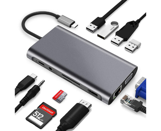 Type-c Docking Station 11 In One with Hdmi Network Card Multi-in-one Converter Usb Hub Expansion Dock for MacBook - Grey