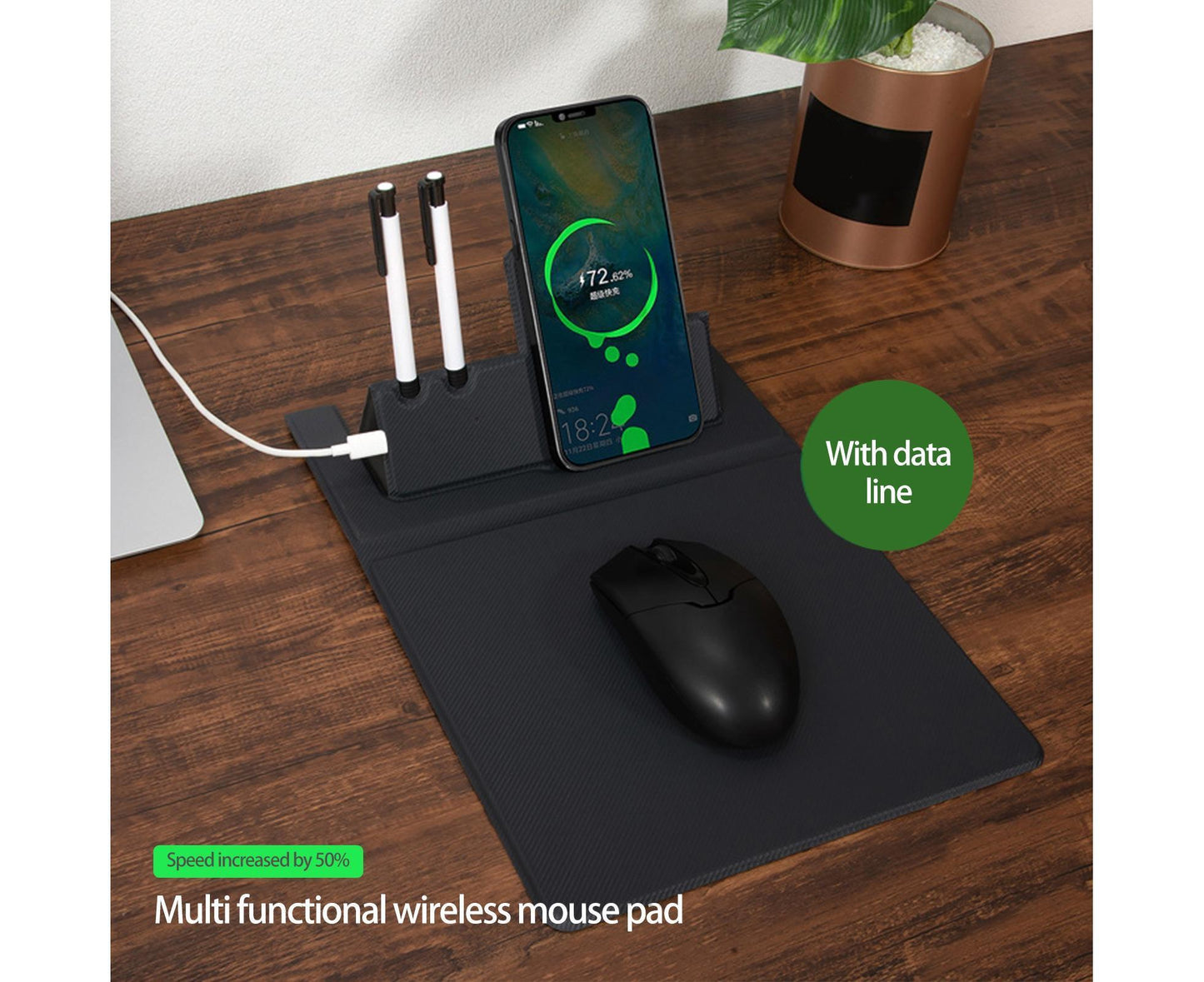 1 Set Wireless Charger Pad 15 W Delicate Texture Pen Storage Fast Induction with Mouse Pad QI Standard Folding Multifunctional Wireless Charger - Black