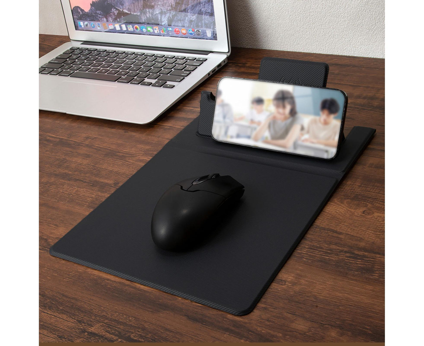 1 Set Wireless Charger Pad 15 W Delicate Texture Pen Storage Fast Induction with Mouse Pad QI Standard Folding Multifunctional Wireless Charger - Black