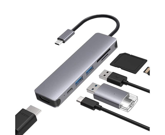 6 in 1 USB 4K HDMI-compatible Multiport Card Reader Hub for MacBook Laptop Type C Devices - Silver