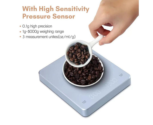 Digital Coffee Scale with Timer LED Screen Espresso Scale Built-in Battery 5kg Max.Weighing 0.1g High Precision Measures in oz/ml/g Kitchen