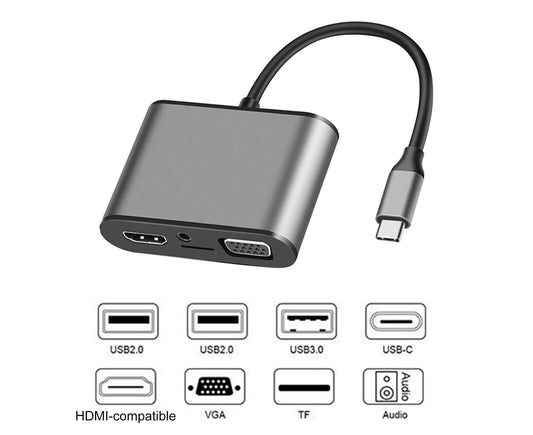 8 in 1 USB Type-C to HDMI-compatible PD TF VGA Card Reader Adapter Hub Converter Recorder - Grey
