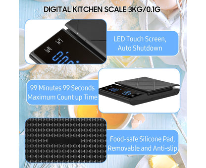 Digital LED Touch Kitchen Scale 3kg/ 0.1g High Precision Time Counting Coffee Brewing Scale Portable Electronic Food Scales with Unit Change