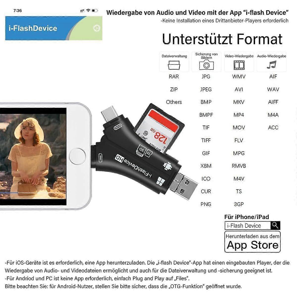 4-in-1 Mobile Phone Card Reader, TF/SD Memory Card Storage Adapter for Data Transfer