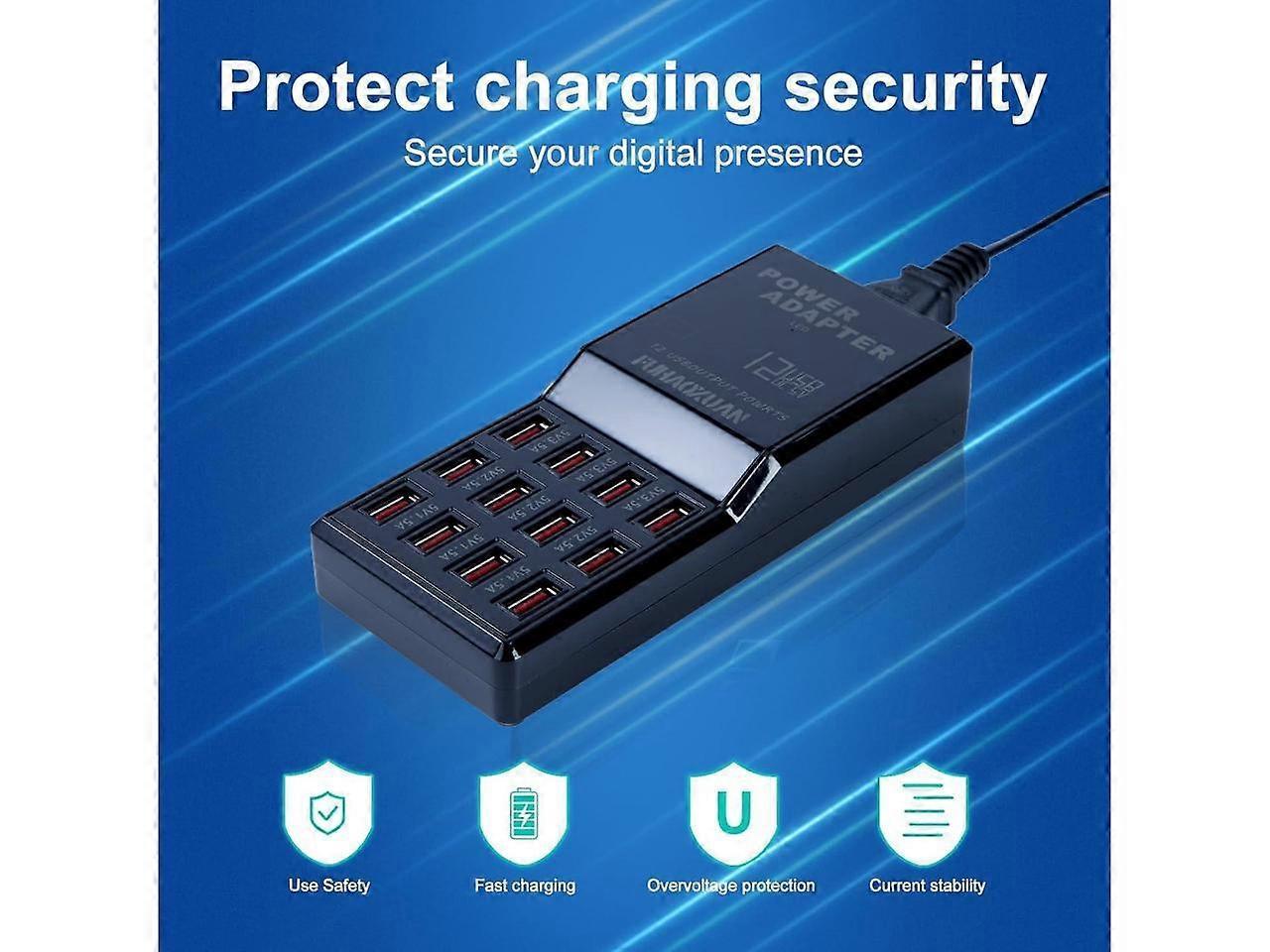 60W 12-Port USB Charging Station for Multiple Devices, Apple & More