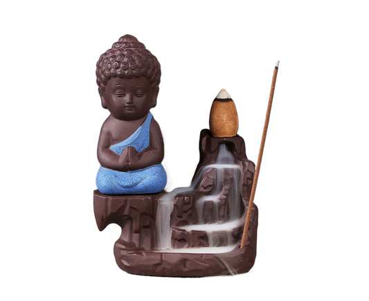 Porcelain Clay Little Buddha Censer Backflow Incense Burner Holder Ornament-Blue