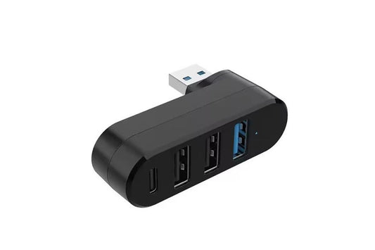 4 Port USB Hub Rotatable 180 Degrees USB Splitter with Type-C for Laptop - Black