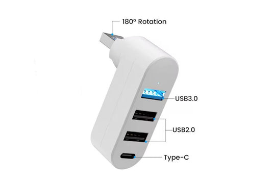4 Port USB Hub Rotatable 180 Degrees USB Splitter with Type-C for Laptop - White