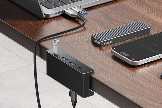 USB Hub 3.0 Aluminum 4-Port USB Adapter with 3 USB-A Data Ports for Monitors Desks - Black