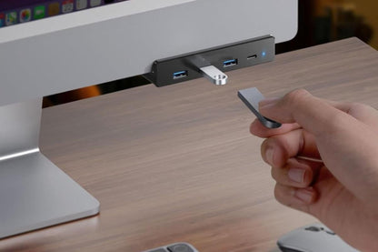 USB Hub 3.0 Aluminum 4-Port USB Adapter with 3 USB-A Data Ports for Monitors Desks - Black