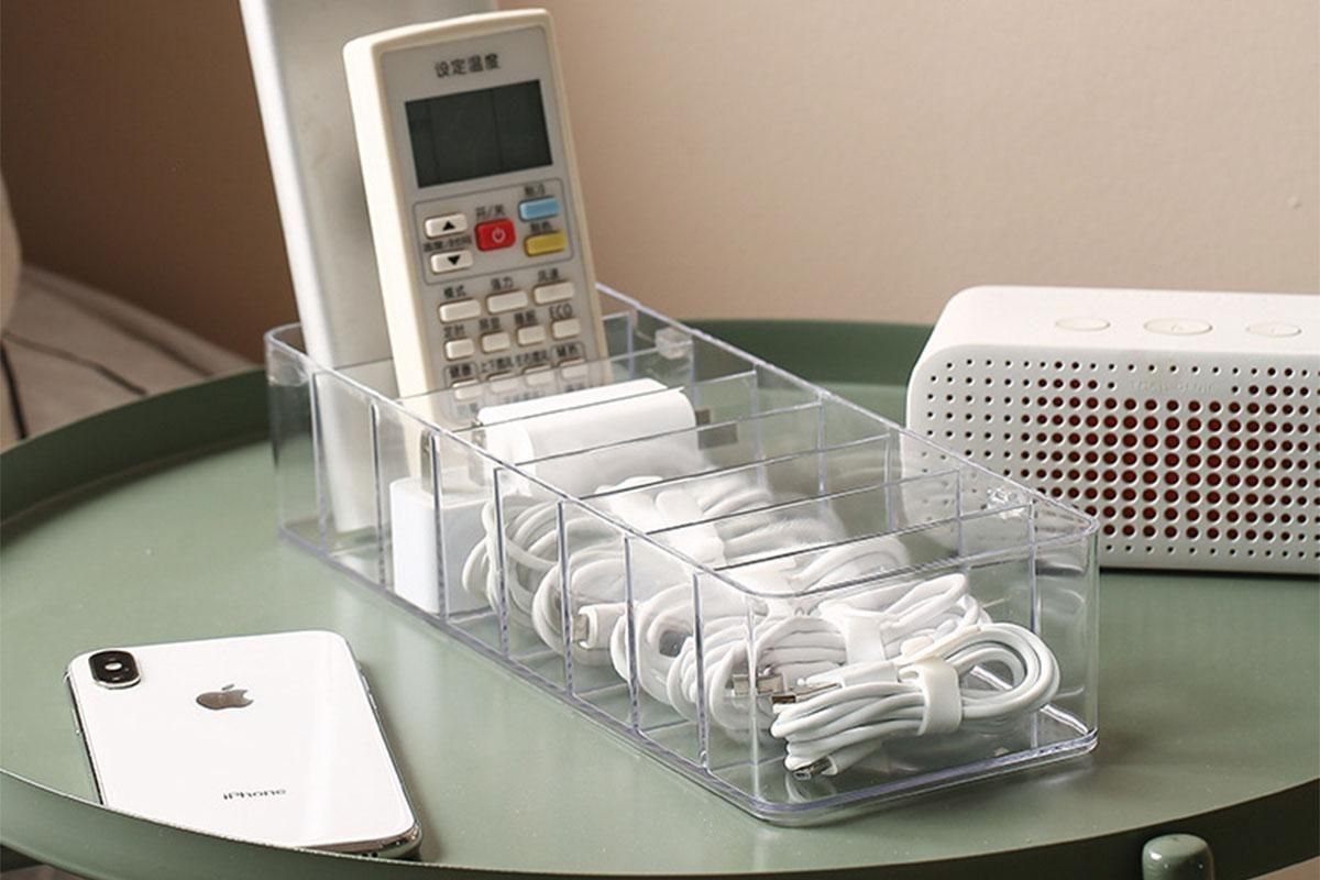 Cable Organizer Storage Box Desktop Power Cord Organizer with 7 Compartments for Office