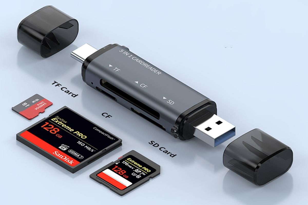 USB C SD Card Reader 5- in-1 Memory Card Reader for CF SD TF
