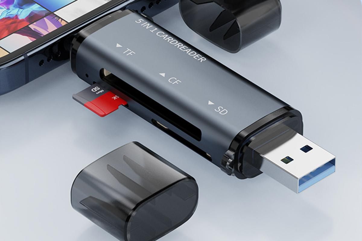 USB C SD Card Reader 5- in-1 Memory Card Reader for CF SD TF