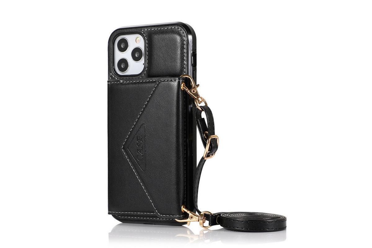 PU Leather Crossbody Phone Case Cover Wallet Card Holder for iPhone 13 Series -Black /iPhone13 Pro 6.1