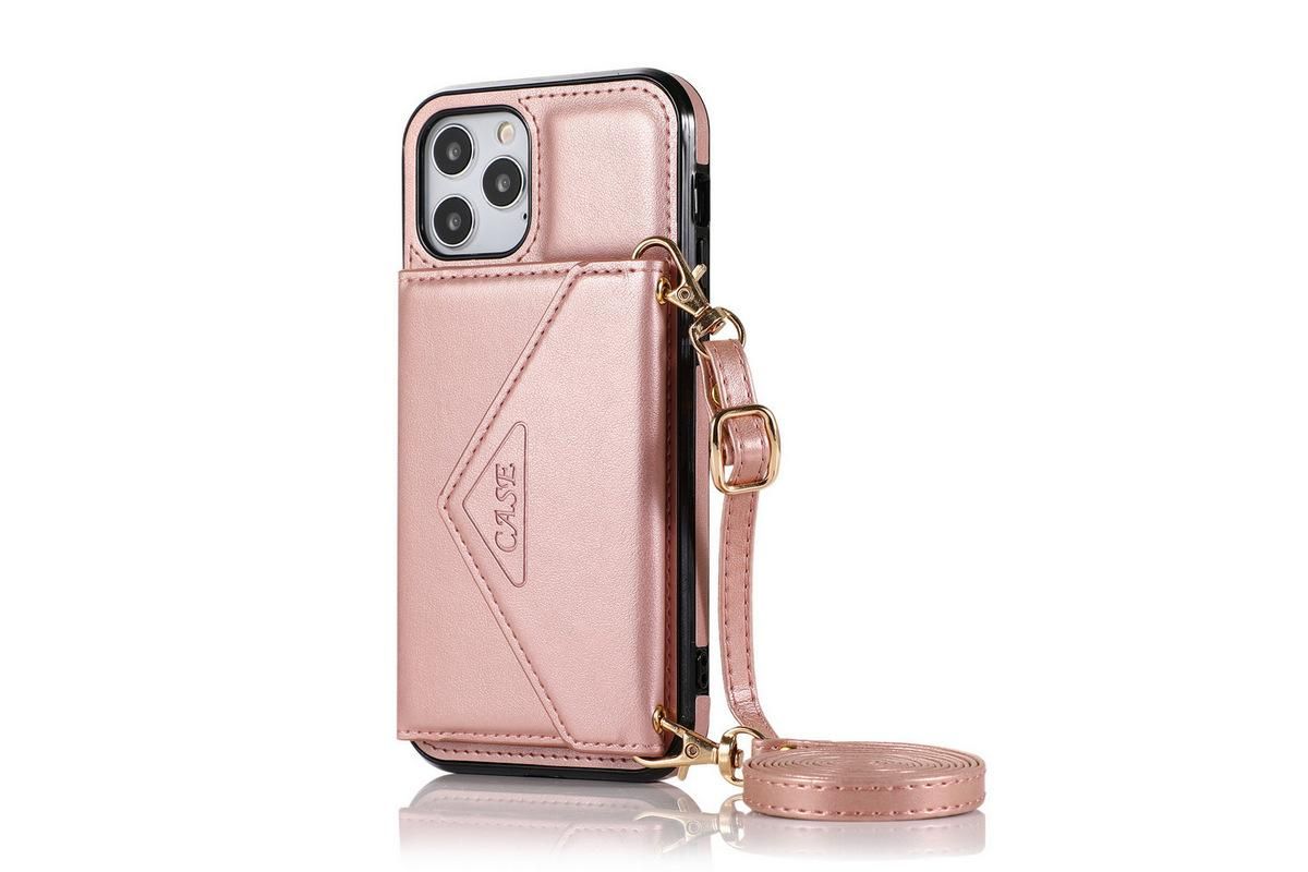 PU Leather Crossbody Phone Case Cover Wallet Card Holder for iPhone 13 Series -Rose Gold /iPhone13 Pro Max