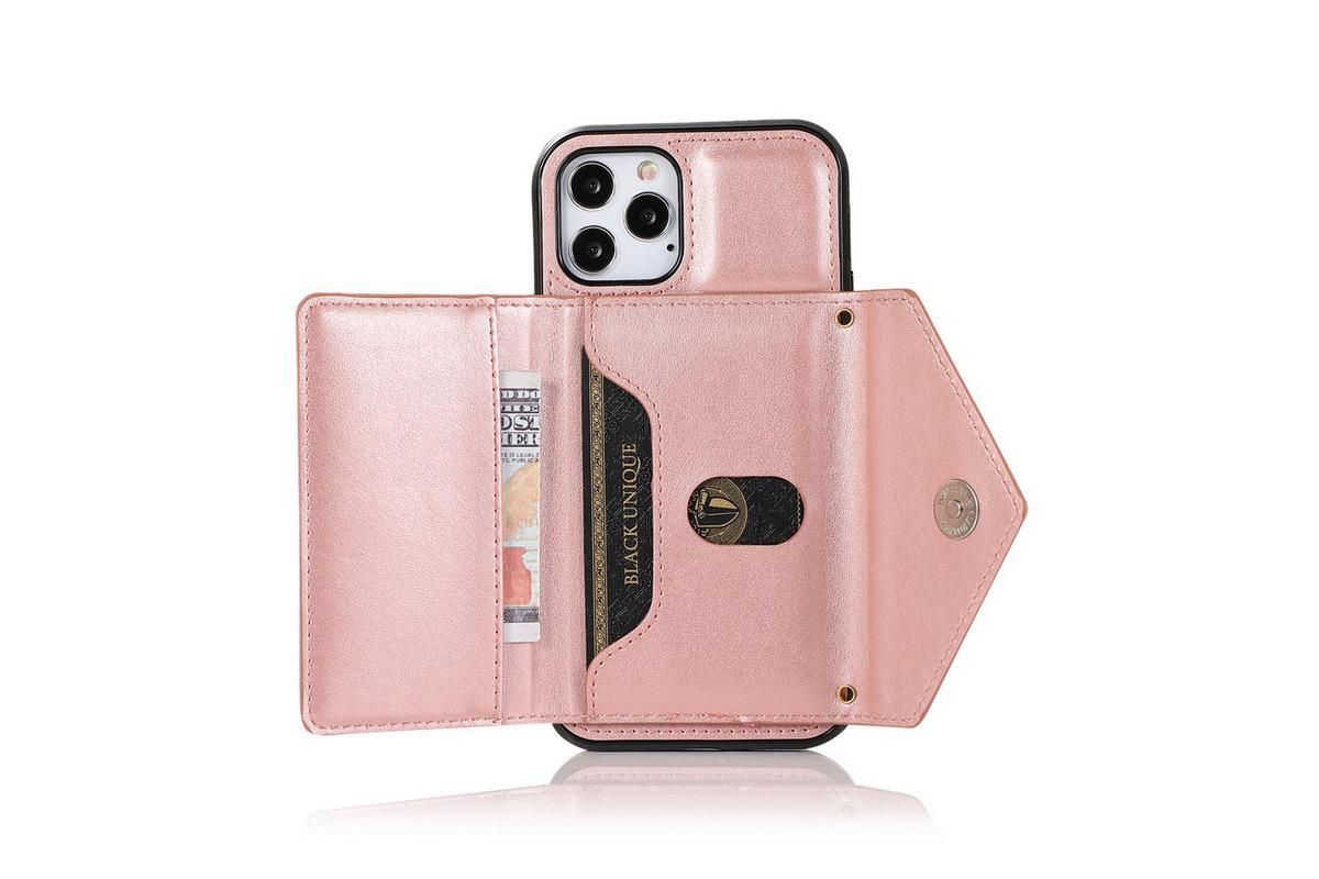PU Leather Crossbody Phone Case Cover Wallet Card Holder for iPhone 13 Series -Rose Gold /iPhone13 Pro 6.1