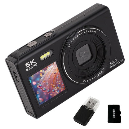5K HD Dual Screen Digital Camera Point and Shoot Selfie Camera with LED Fill Light - Black