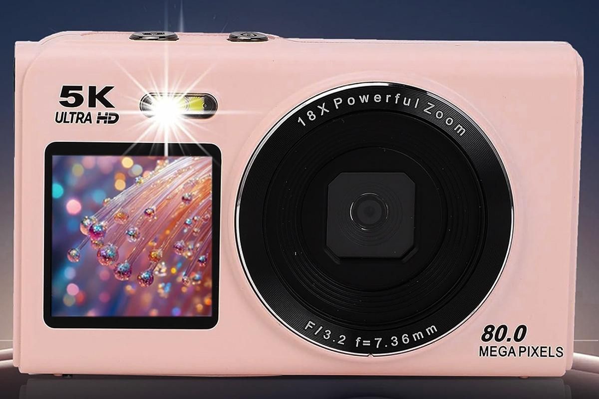 5K HD Dual Screen Digital Camera Point and Shoot Selfie Camera with LED Fill Light - Pink