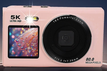 5K HD Dual Screen Digital Camera Point and Shoot Selfie Camera with LED Fill Light - Pink