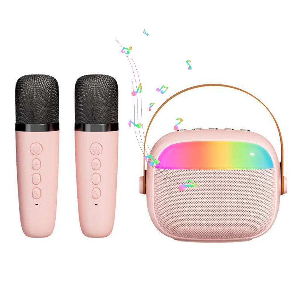 Mini Karaoke Machine with 2 Wireless Microphones Portable Bluetooth Speaker Singing Machine Pink