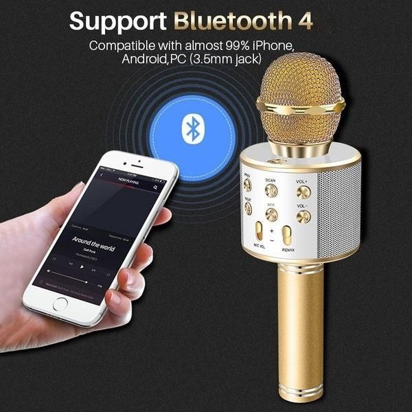 Handheld Wireless Bluetooth Microphone with Speaker for IOS Android Phone Computer 1800mAh Battery Gold