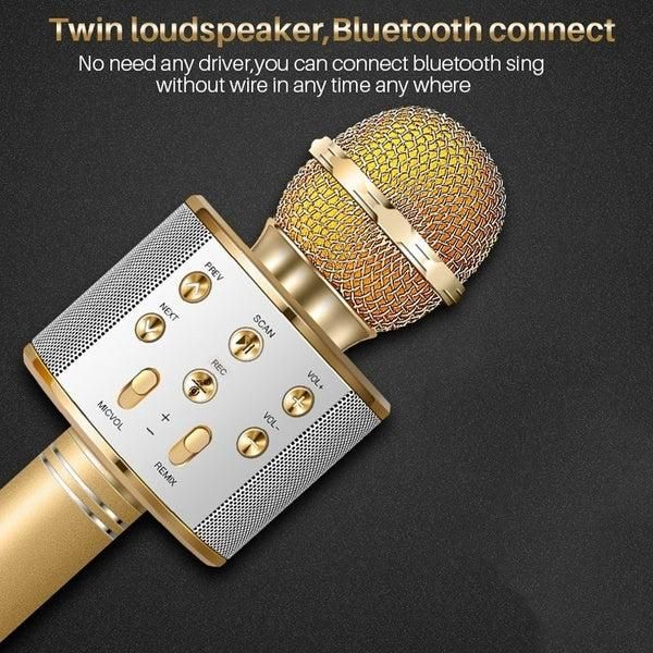 Handheld Wireless Bluetooth Microphone with Speaker for IOS Android Phone Computer 1800mAh Battery Gold