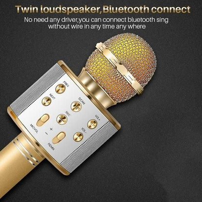 Handheld Wireless Bluetooth Microphone with Speaker for IOS Android Phone Computer 1800mAh Battery Gold