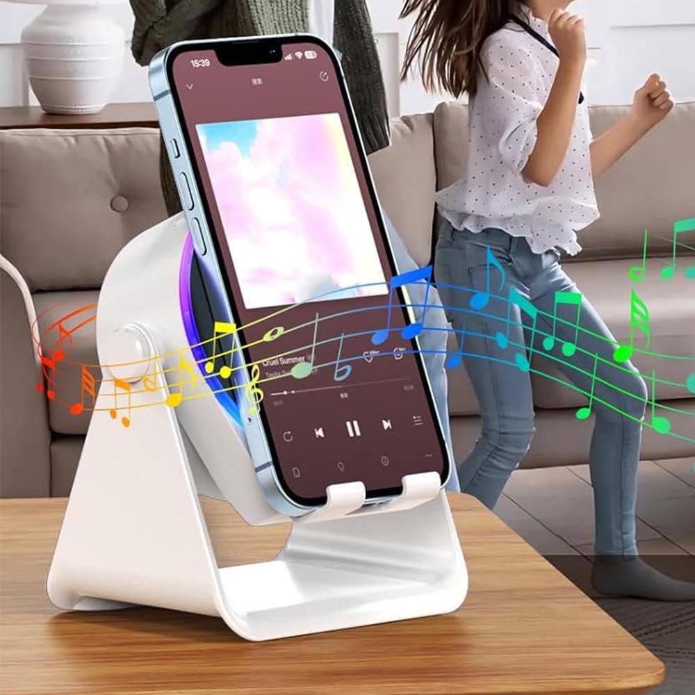 4 in 1 Wireless Induction Speaker Bluetooth Speaker with 360 Adjustable Phone Holder - White